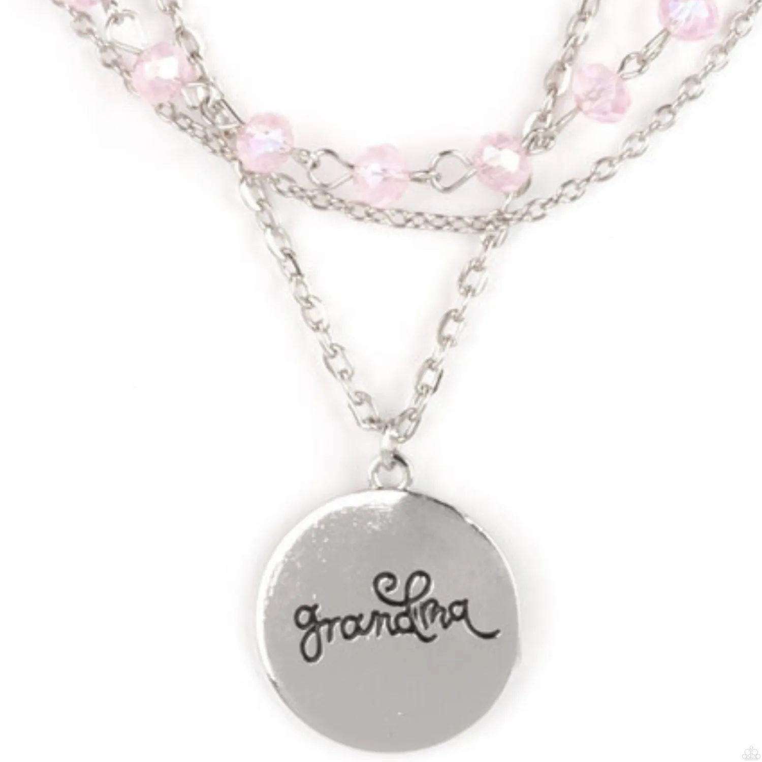 "Promoted to Grandma" Silver Metal Multi Chain Pink Crystal GRANDMA Necklace Set