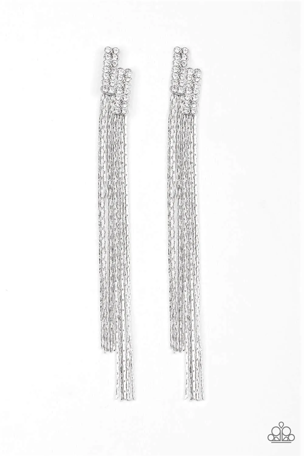 Radio Waves" Silver Metal & Clear/White Rhinestone Tassel Earrings
