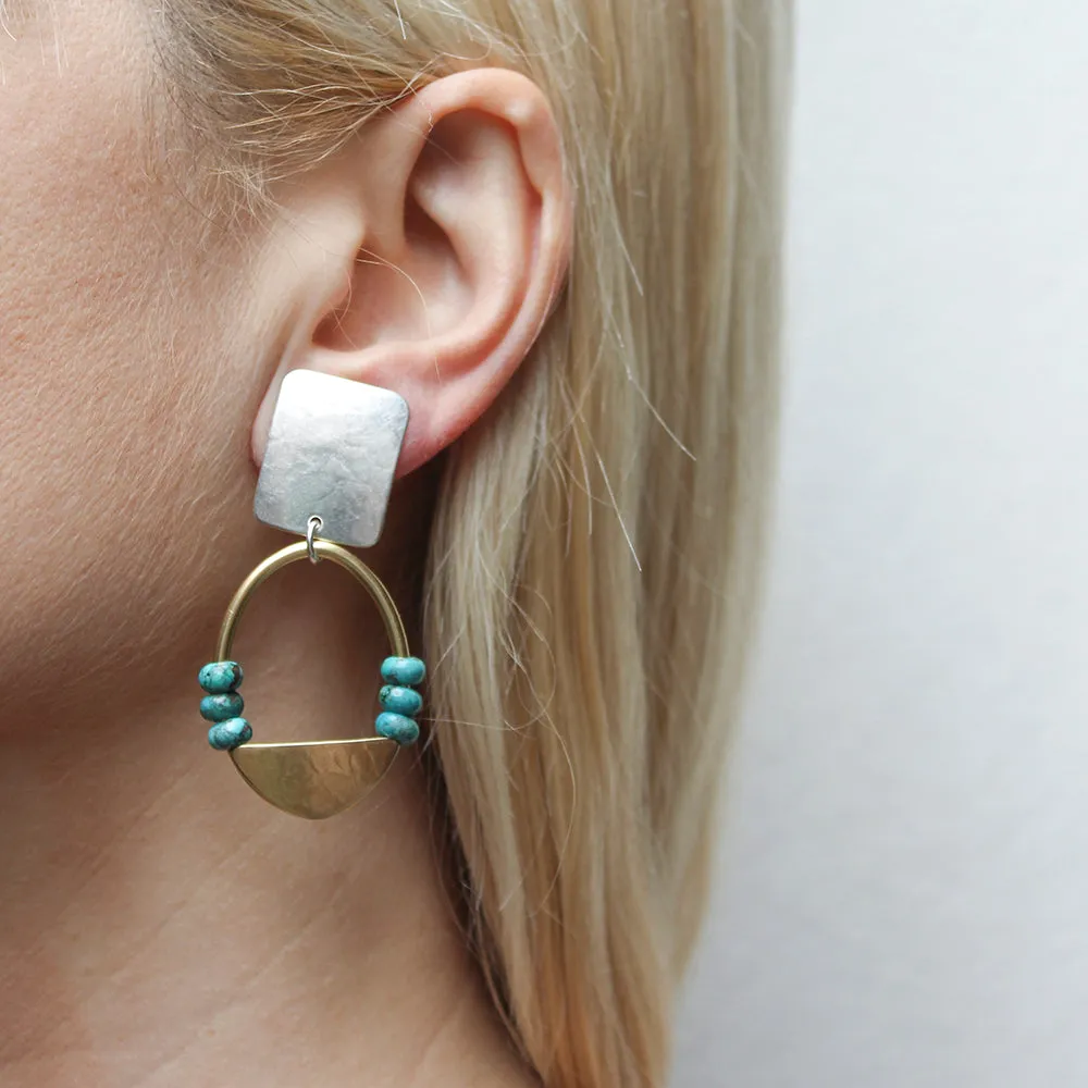 Rectangle with Ring, Semi-Circle and Turquoise Beads Clip or Post Earrings