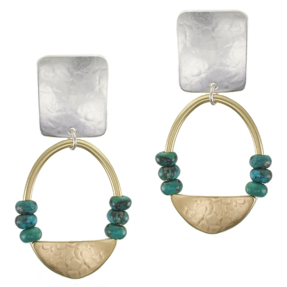 Rectangle with Ring, Semi-Circle and Turquoise Beads Clip or Post Earrings