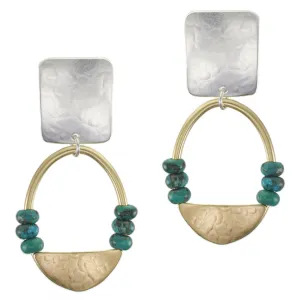 Rectangle with Ring, Semi-Circle and Turquoise Beads Clip or Post Earrings