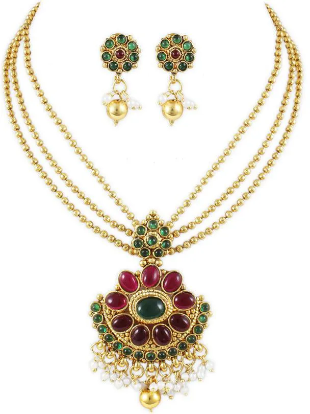 Red and green Stone South Indian Necklace Set