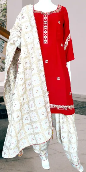 Red and White Gota Patti Punjabi Patiala Salwar Suit, Pure  Silk Punjabi Suit