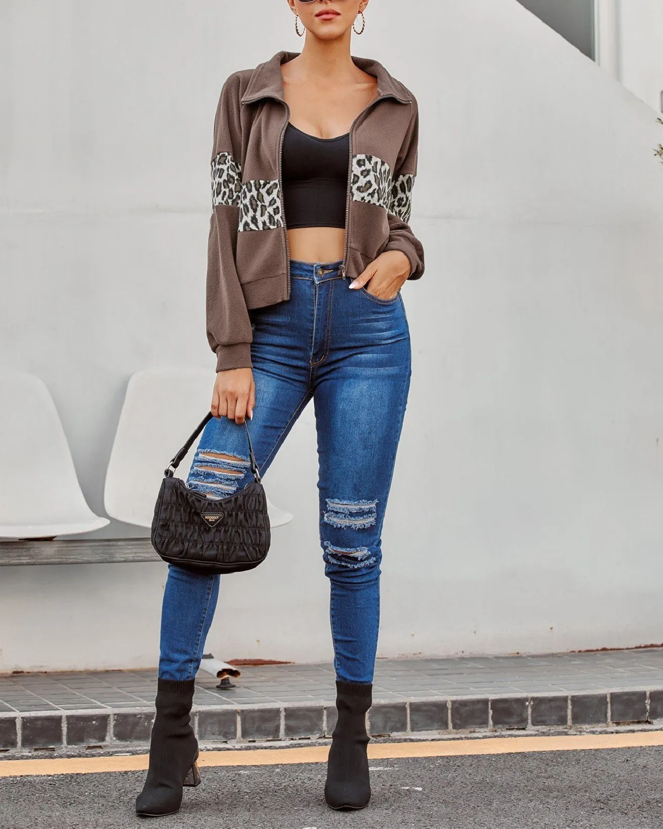 Retro Leopard Stitching Zip Jacket