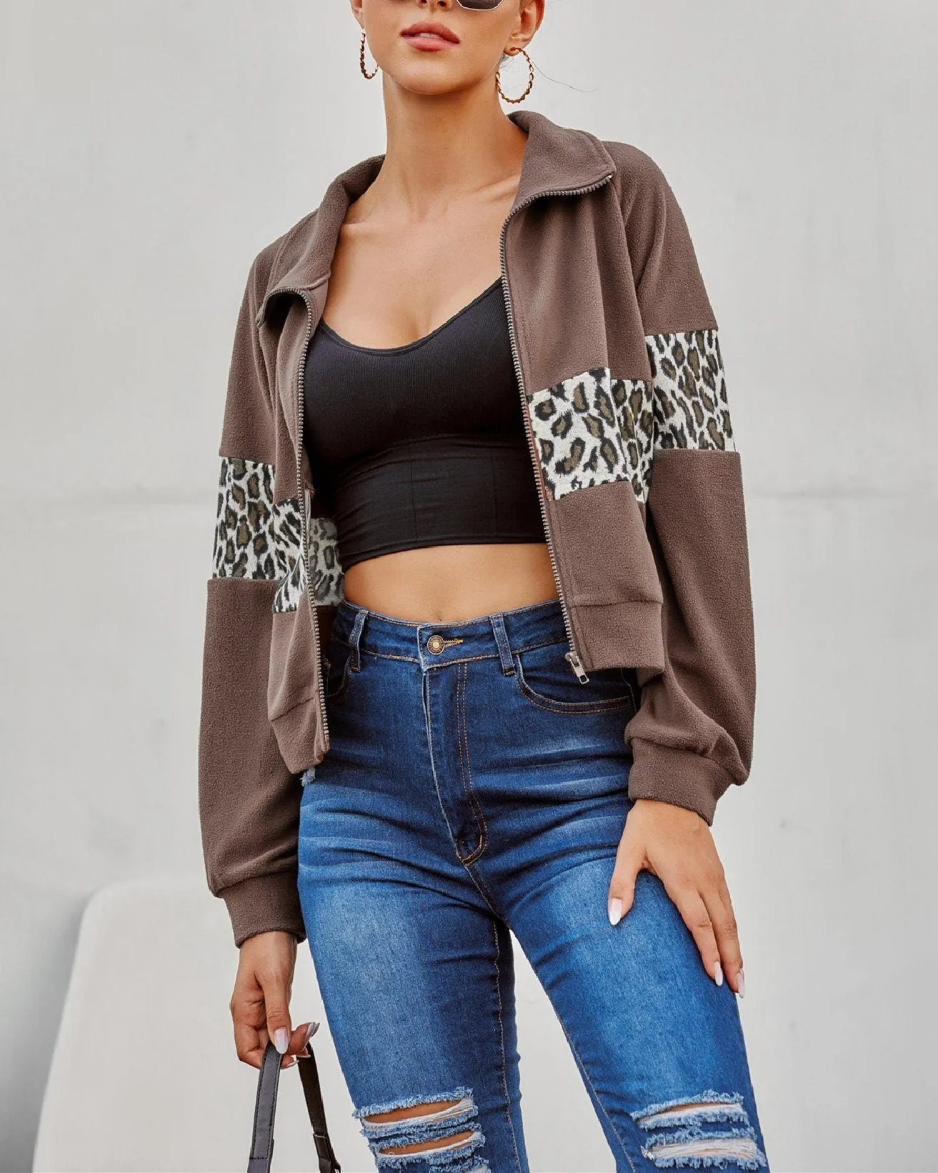 Retro Leopard Stitching Zip Jacket