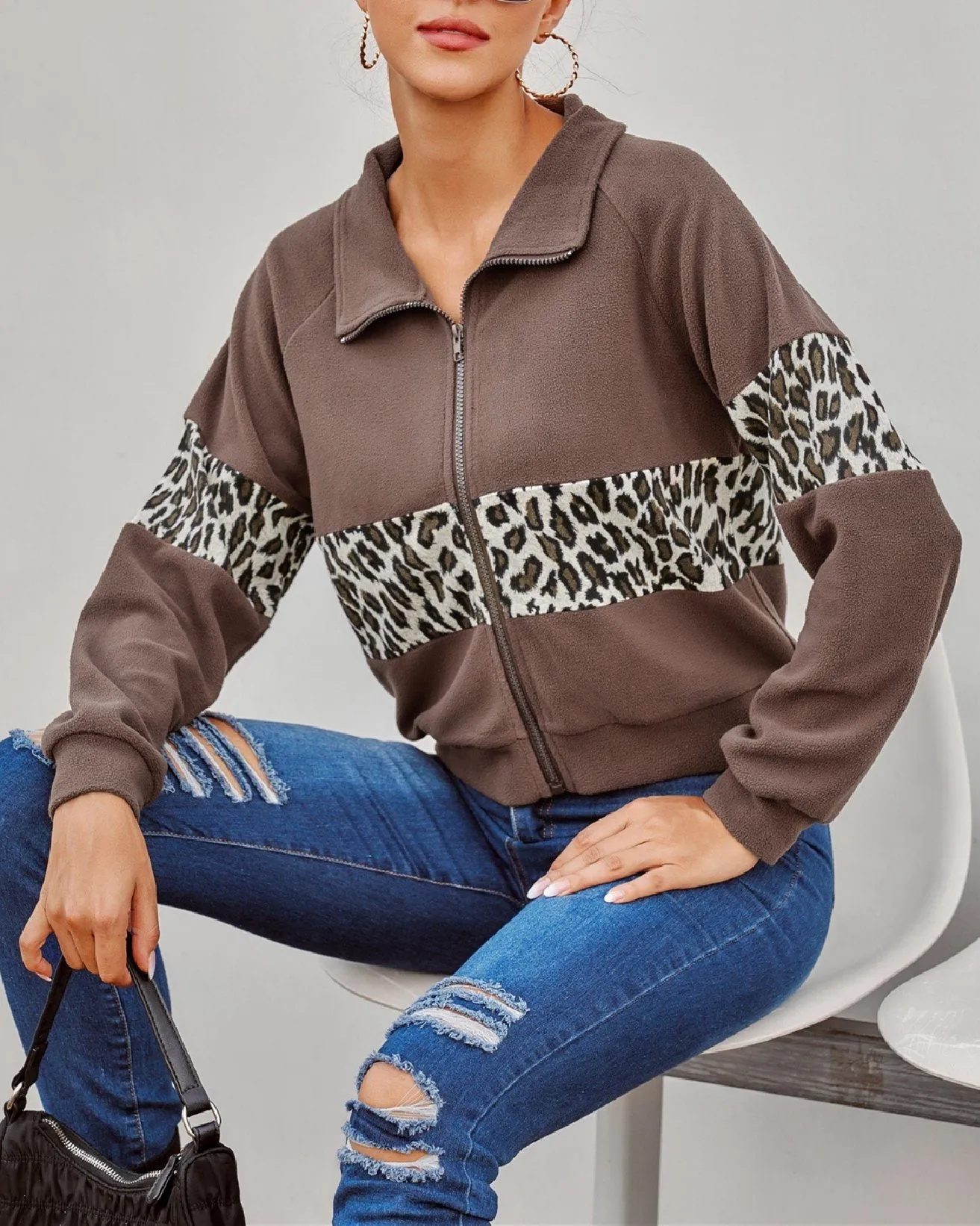 Retro Leopard Stitching Zip Jacket
