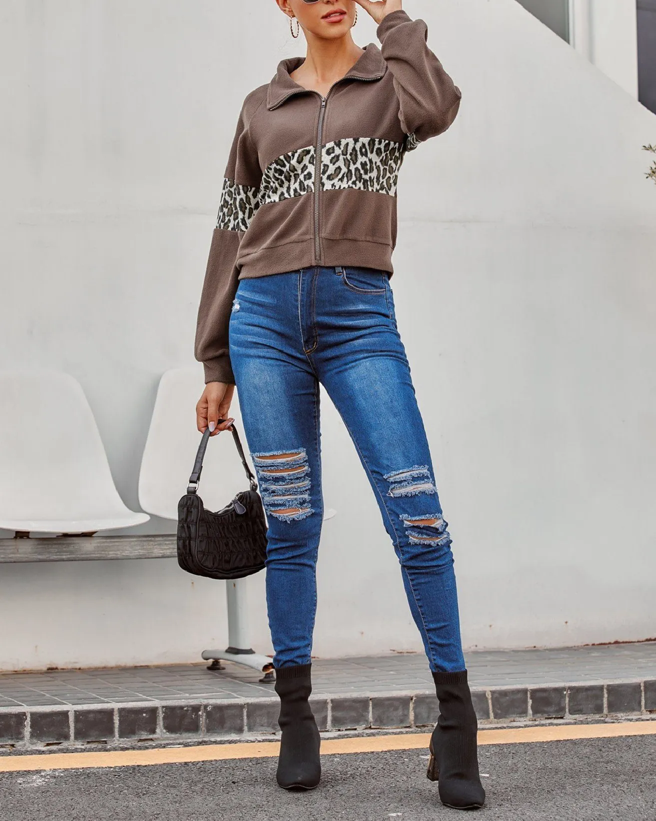 Retro Leopard Stitching Zip Jacket