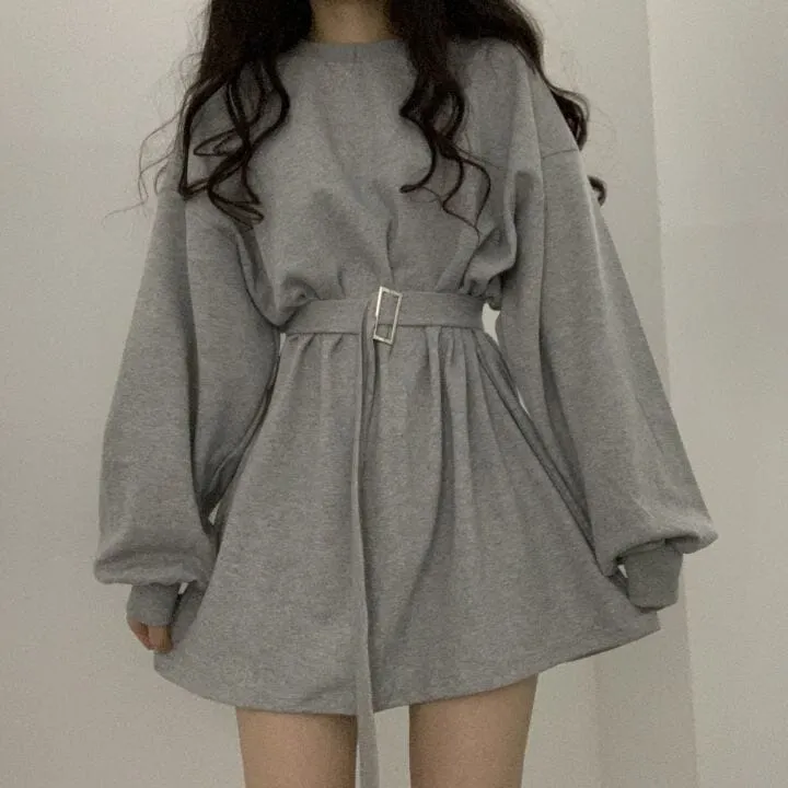 Retro Puffy Sleeve Belt Loose Waist Dress SD02110