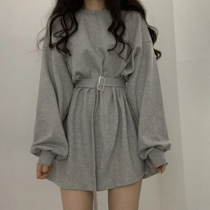 Retro Puffy Sleeve Belt Loose Waist Dress SD02110