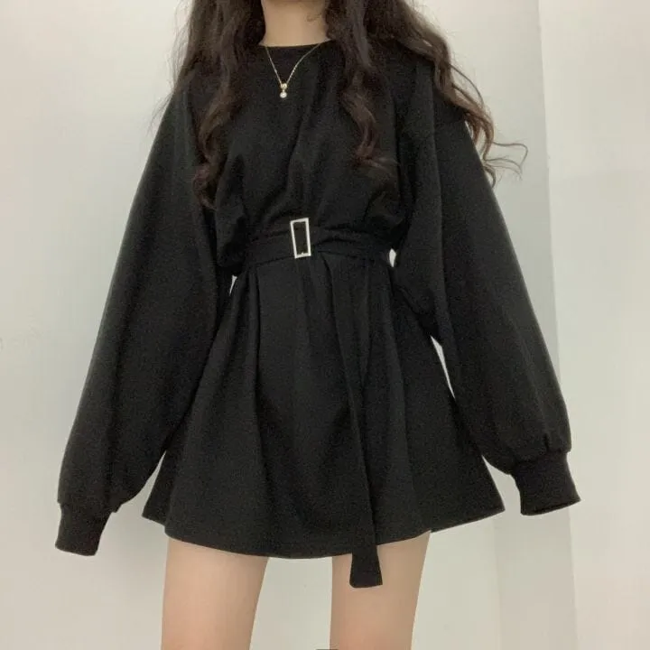 Retro Puffy Sleeve Belt Loose Waist Dress SD02110