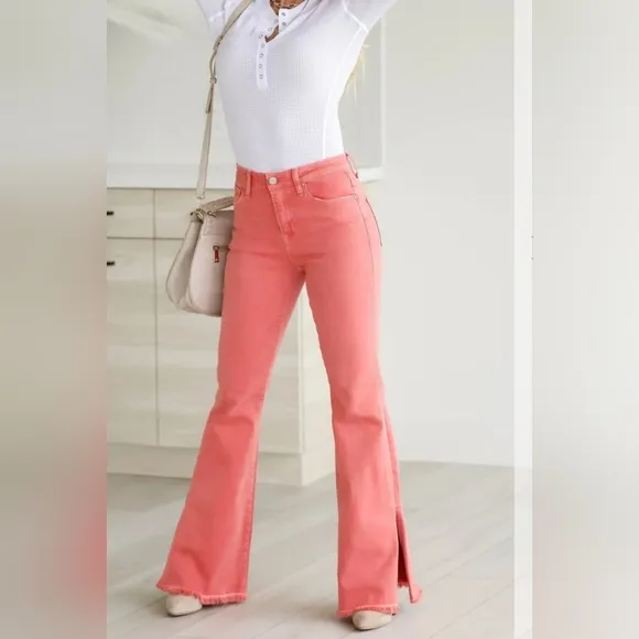 Risen High Rise Pink Peach Flare Jeans Barbiecore Various New