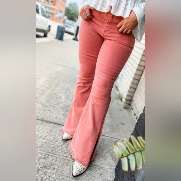 Risen High Rise Pink Peach Flare Jeans Barbiecore Various New
