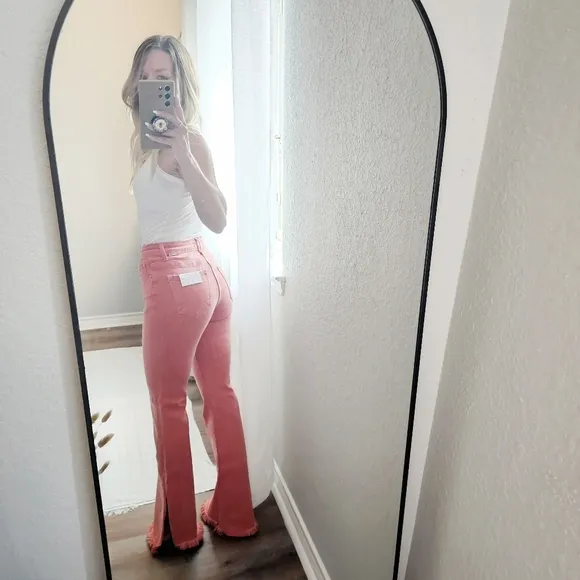 Risen High Rise Pink Peach Flare Jeans Barbiecore Various New