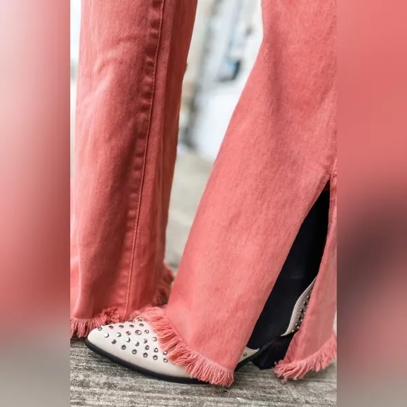 Risen High Rise Pink Peach Flare Jeans Barbiecore Various New