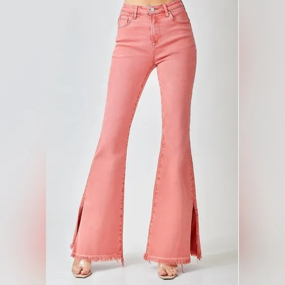 Risen High Rise Pink Peach Flare Jeans Barbiecore Various New