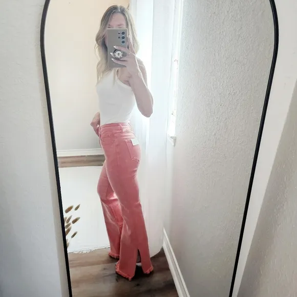 Risen High Rise Pink Peach Flare Jeans Barbiecore Various New