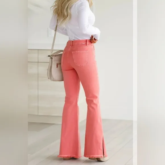 Risen High Rise Pink Peach Flare Jeans Barbiecore Various New