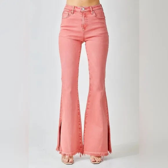 Risen High Rise Pink Peach Flare Jeans Barbiecore Various New