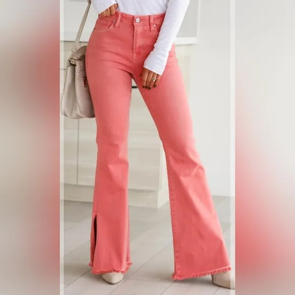 Risen High Rise Pink Peach Flare Jeans Barbiecore Various New