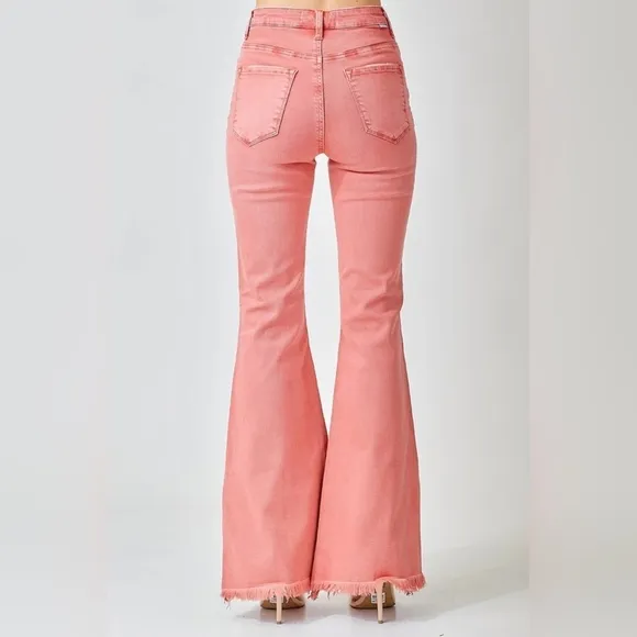 Risen High Rise Pink Peach Flare Jeans Barbiecore Various New
