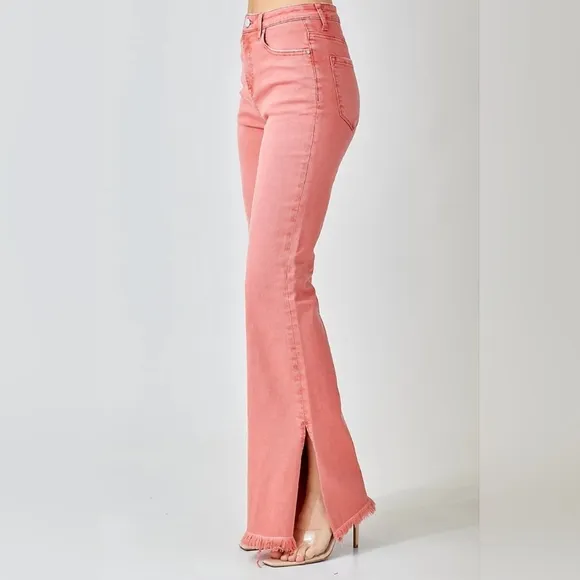 Risen High Rise Pink Peach Flare Jeans Barbiecore Various New