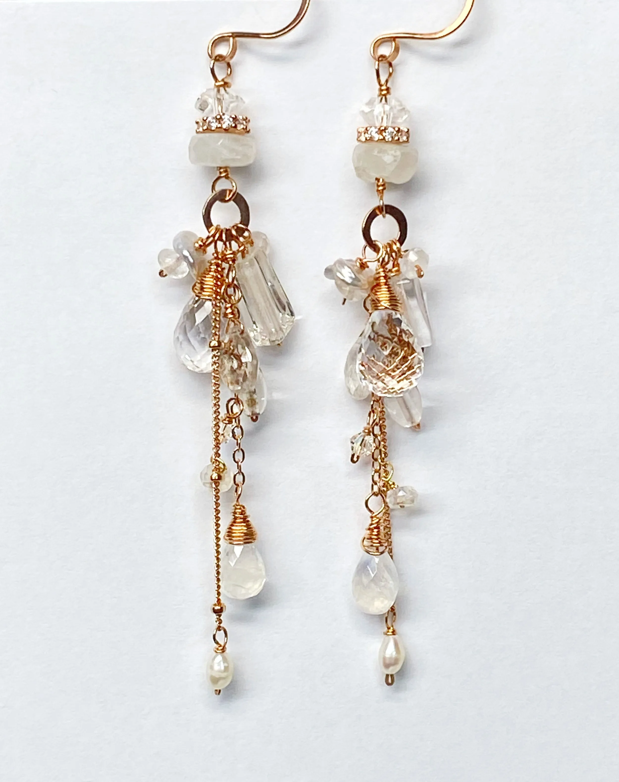 Rose Gold Boho Dangle Earrings with Crystal Quartz & Moonstone