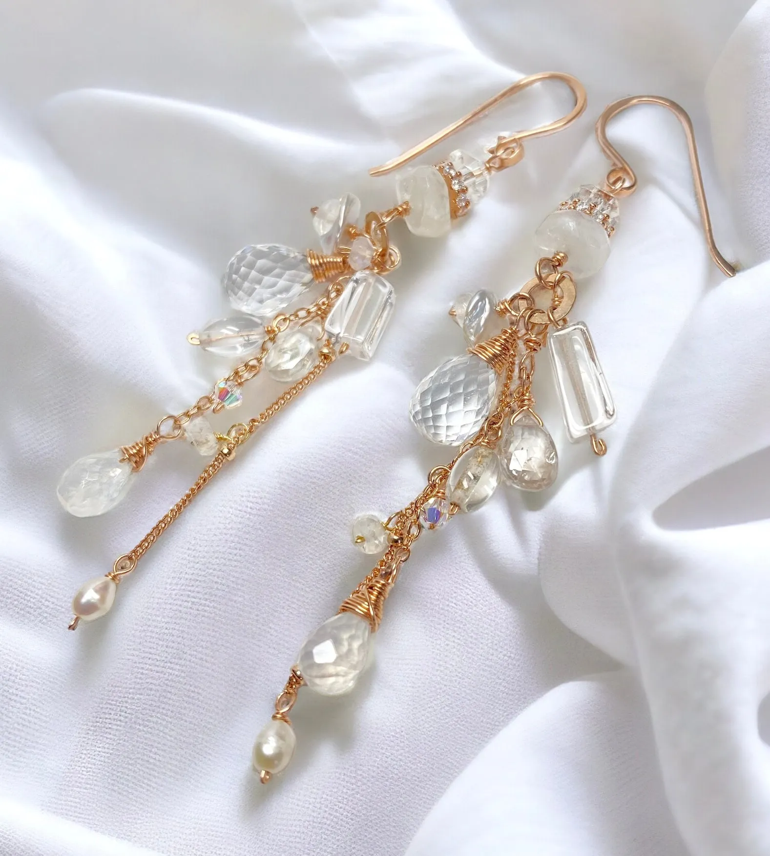 Rose Gold Boho Dangle Earrings with Crystal Quartz & Moonstone