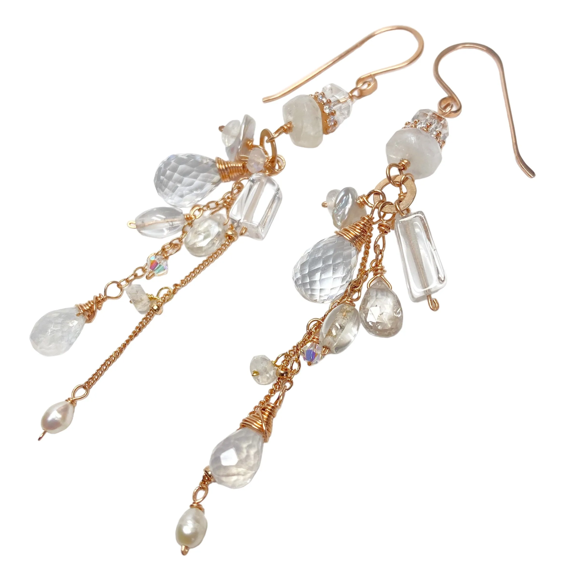 Rose Gold Boho Dangle Earrings with Crystal Quartz & Moonstone