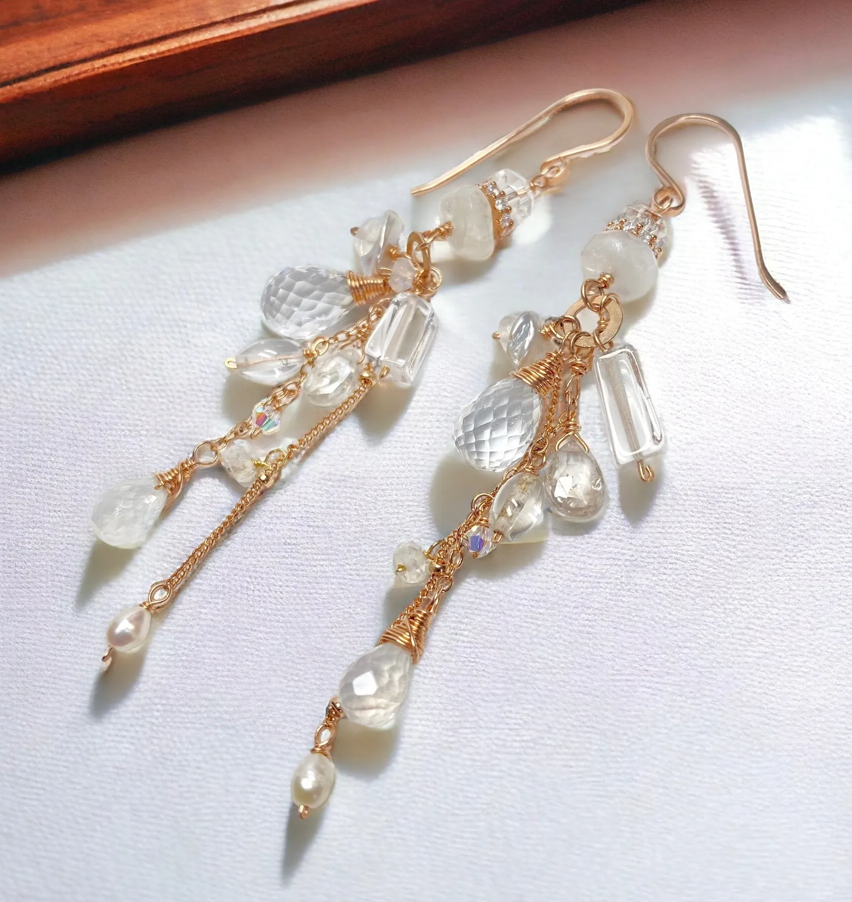 Rose Gold Boho Dangle Earrings with Crystal Quartz & Moonstone