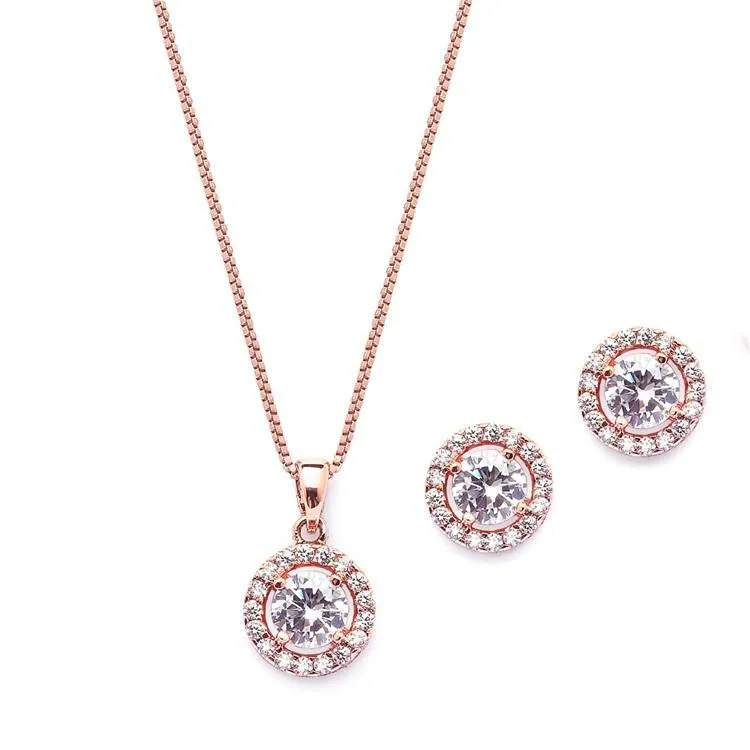 Round Halo Necklace and Stud Earrings Set
