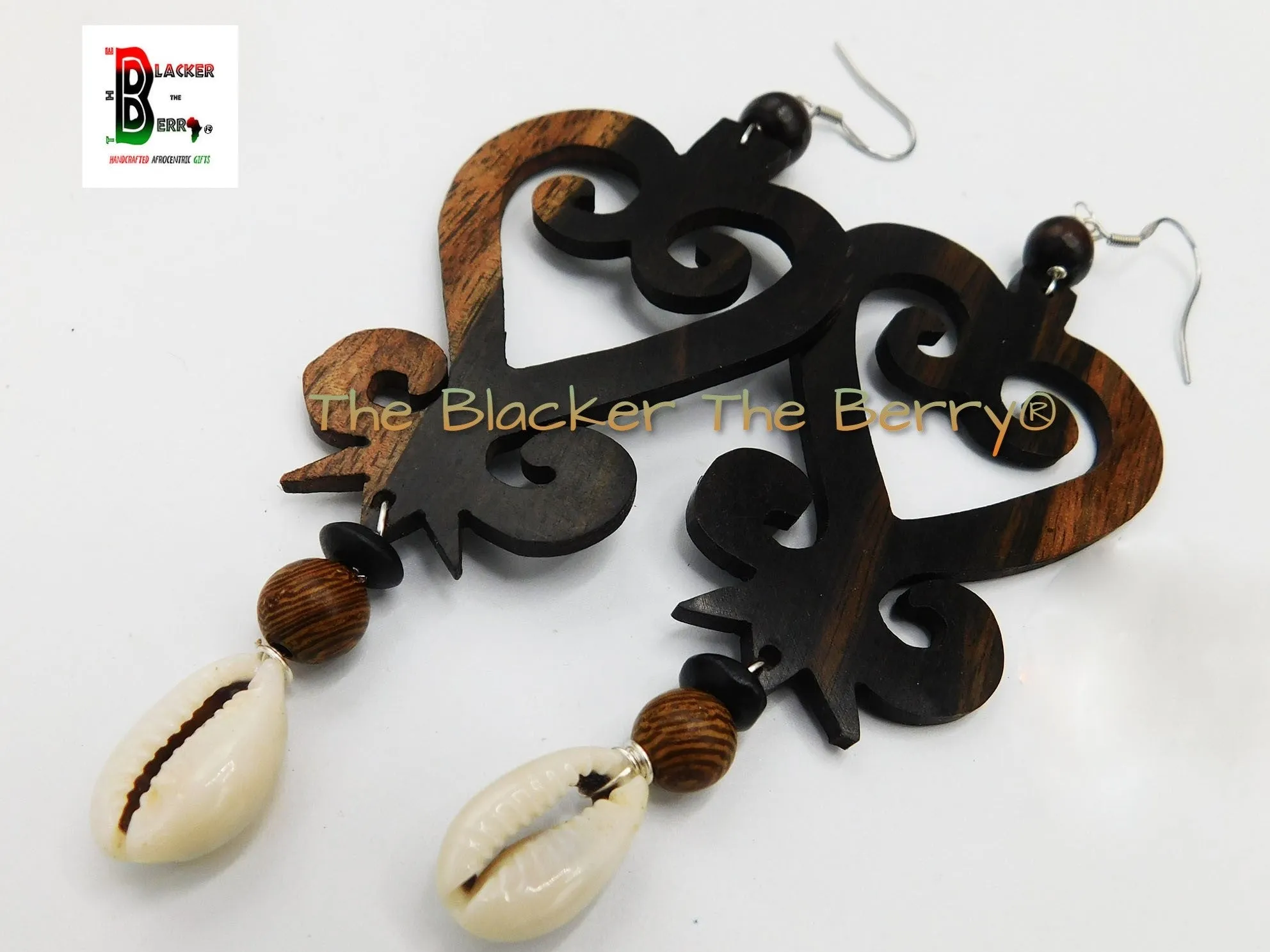 Sankofa Earrings Ebony Wood Jewelry Shell Dangle Handmade Ethnic African