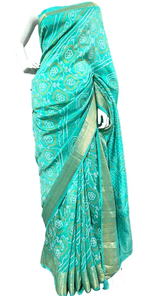 Sea Green Bandhani Sari, Bhandej Silk Saree, Jaipuri print Saree