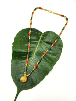Short Mangalsutra Designs Gold Plated Latest Lakshmi (Laxmi) Coin Pendant Multicolor Green Orange Beads Single Line Mangalsutra