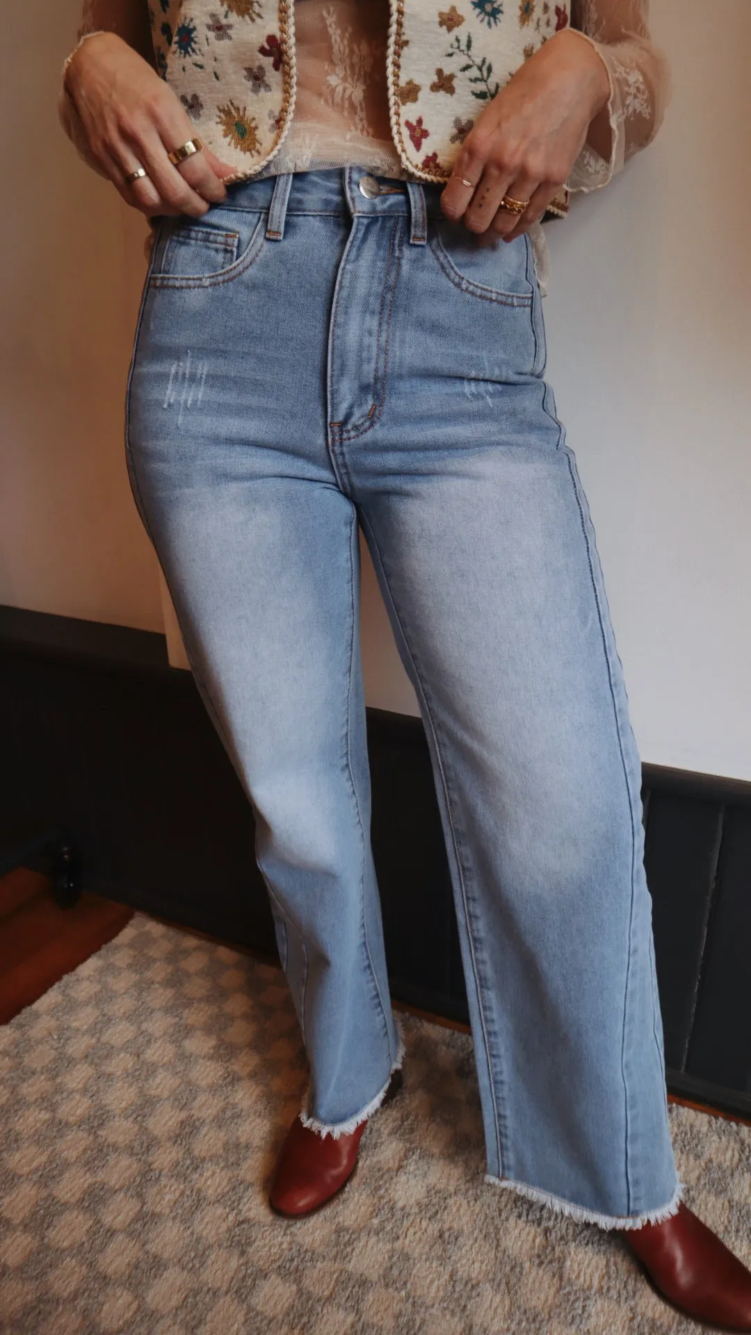 Side Panel Frayed Wide Leg Denim