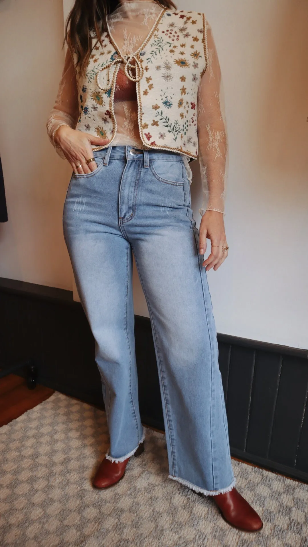 Side Panel Frayed Wide Leg Denim