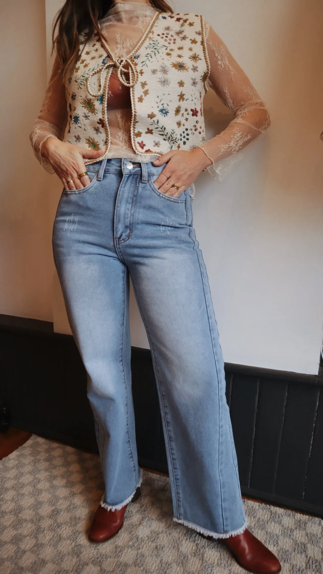 Side Panel Frayed Wide Leg Denim