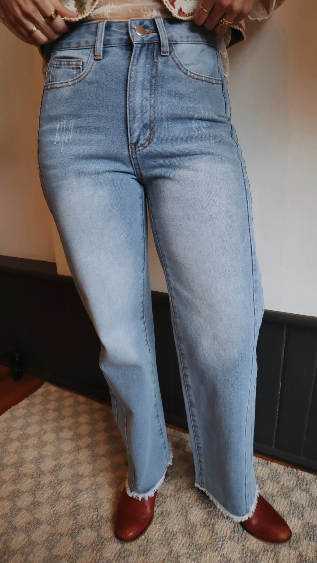 Side Panel Frayed Wide Leg Denim
