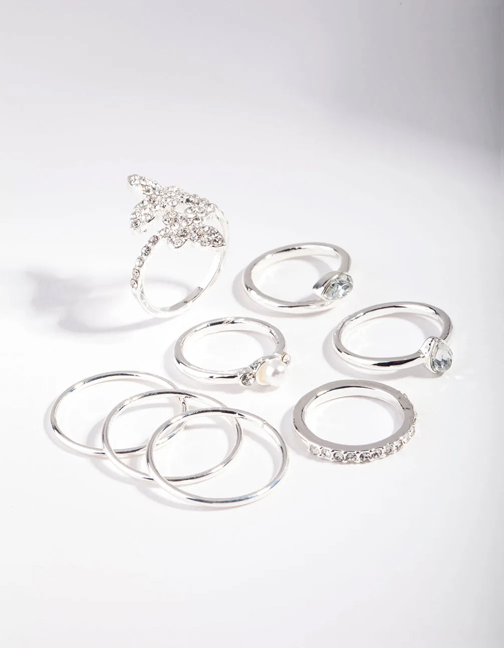 Silver Butterfly Diamante Ring Set