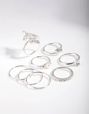 Silver Butterfly Diamante Ring Set