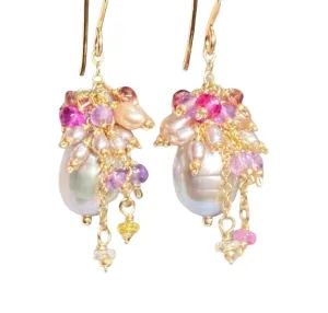 Silver Gray Pearl Earring with Gemstone Clusters