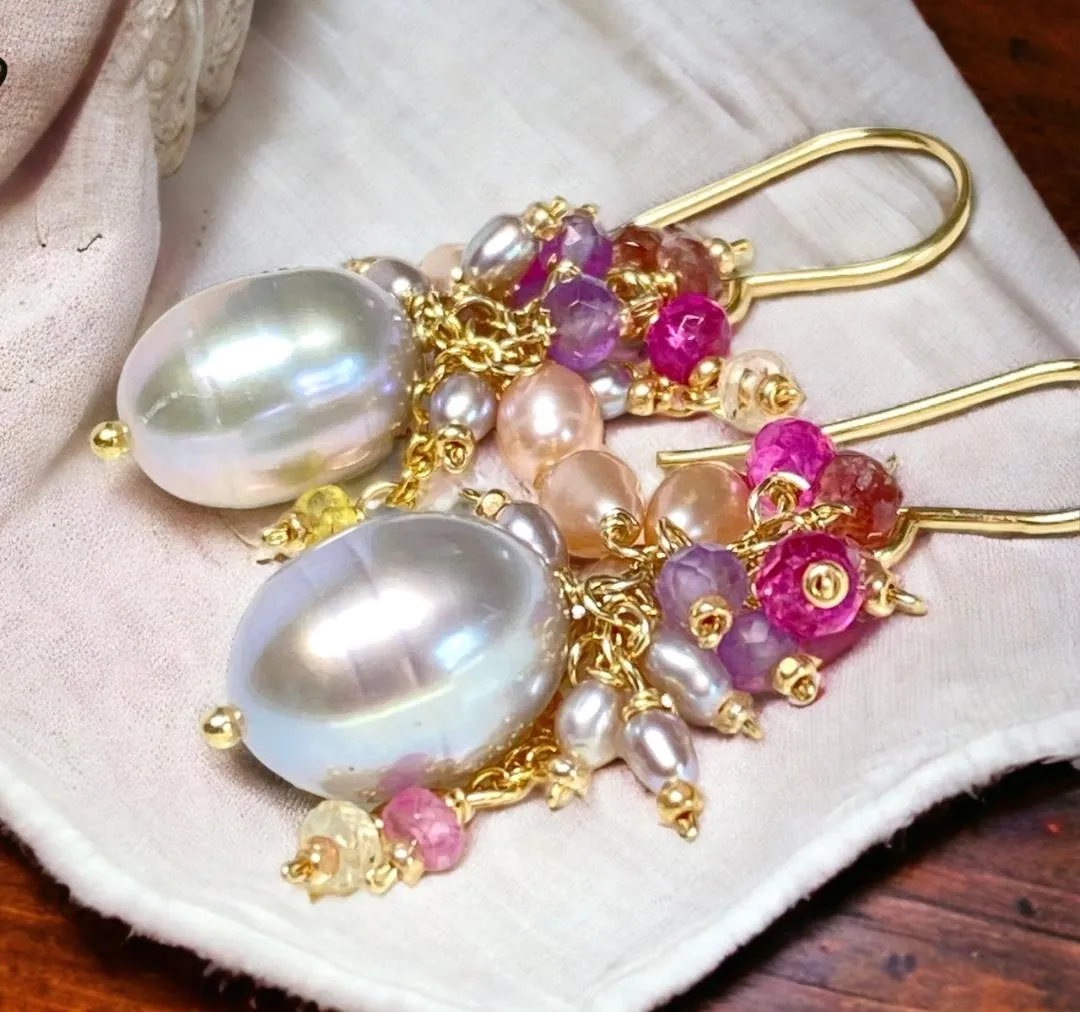 Silver Gray Pearl Earring with Gemstone Clusters