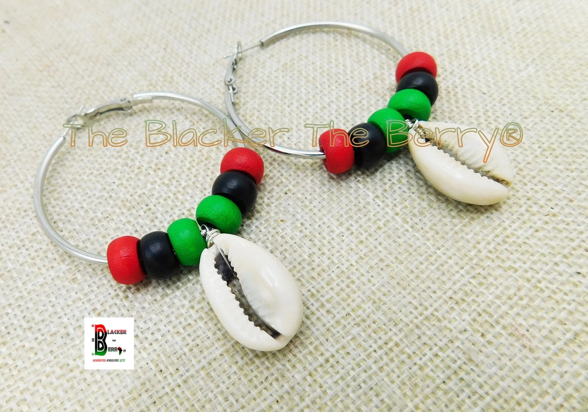 Silver Hoop Earrings Beaded RBG Pan African Cowrie Shell Ethnic Jewelry Women Black Owned
