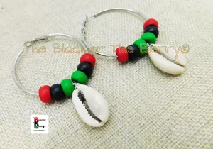 Silver Hoop Earrings Beaded RBG Pan African Cowrie Shell Ethnic Jewelry Women Black Owned
