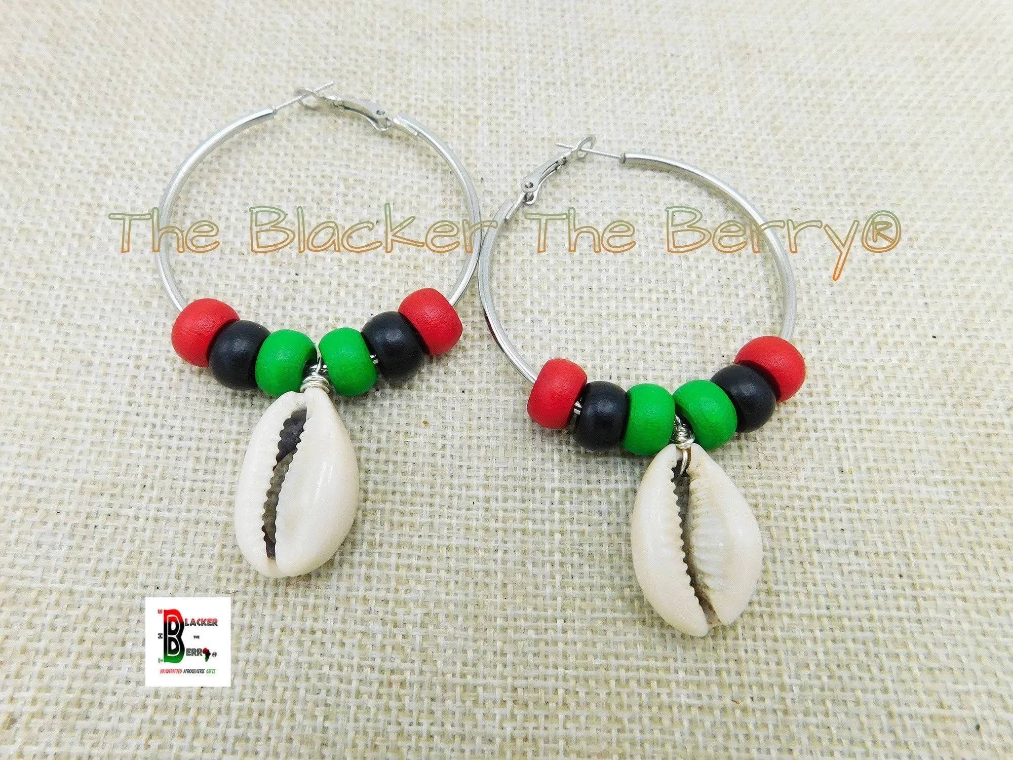 Silver Hoop Earrings Beaded RBG Pan African Cowrie Shell Ethnic Jewelry Women Black Owned