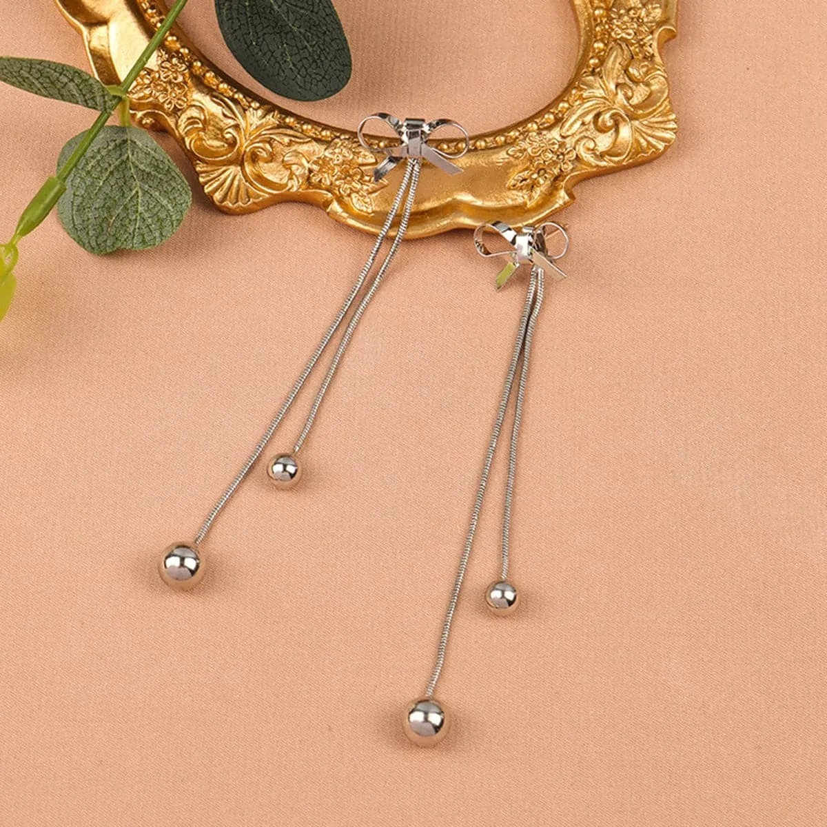 Silver-Plated Bow Double Ball Drop Earrings