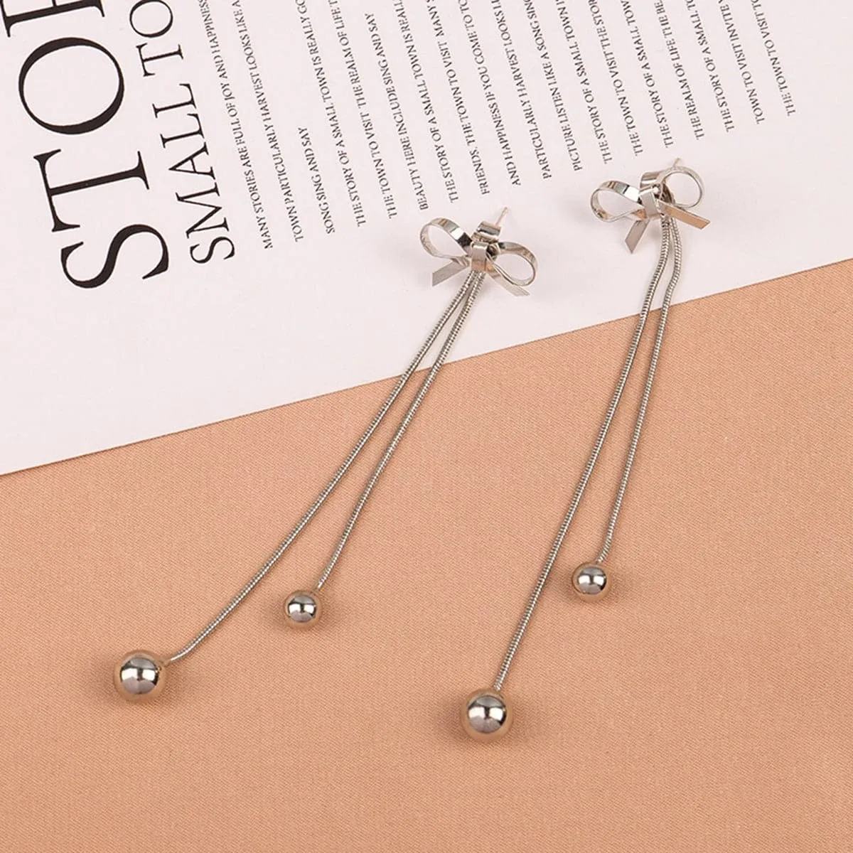 Silver-Plated Bow Double Ball Drop Earrings