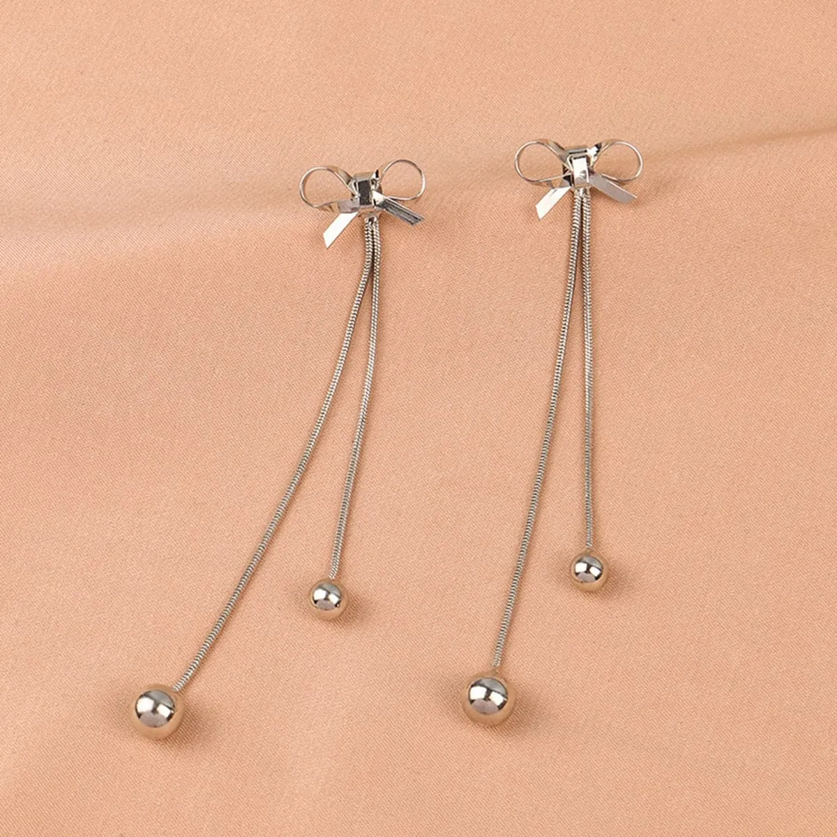 Silver-Plated Bow Double Ball Drop Earrings