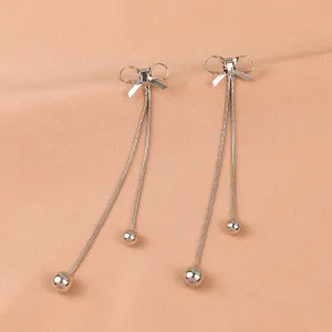 Silver-Plated Bow Double Ball Drop Earrings