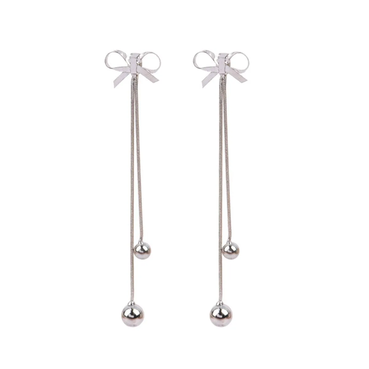 Silver-Plated Bow Double Ball Drop Earrings