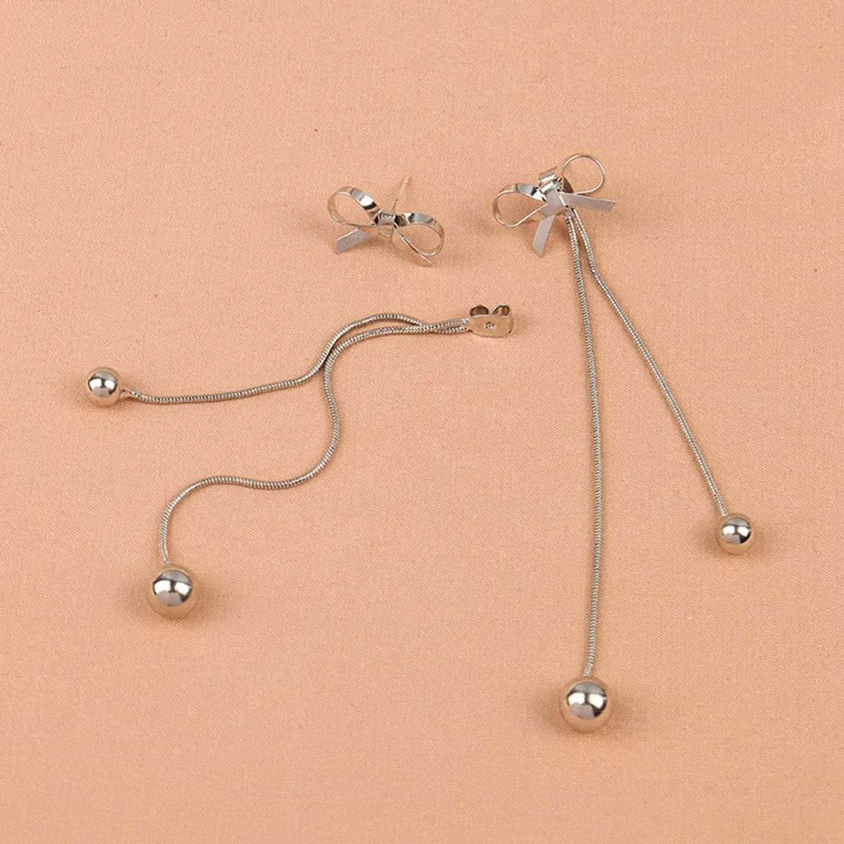 Silver-Plated Bow Double Ball Drop Earrings